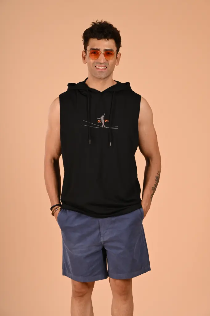 Sleeveless Statement: "OK BYE" Hoodie- Moonless Night