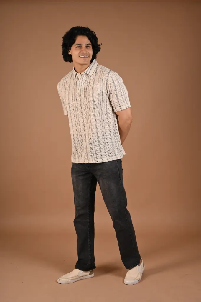 Breezy Textured Stripe Polo Tshirt- Nautical