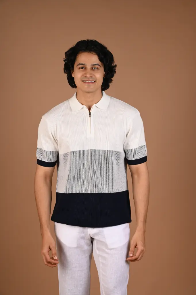 Navy & Grey Block-Stripe Zip Polo Tshirt- Nautic