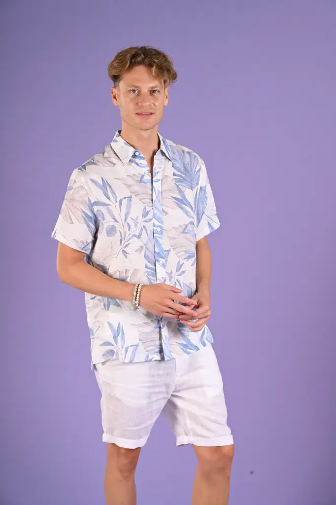 The "Weekend Wanderer" Tonal Blue Leafy Half Sleeve Shirt