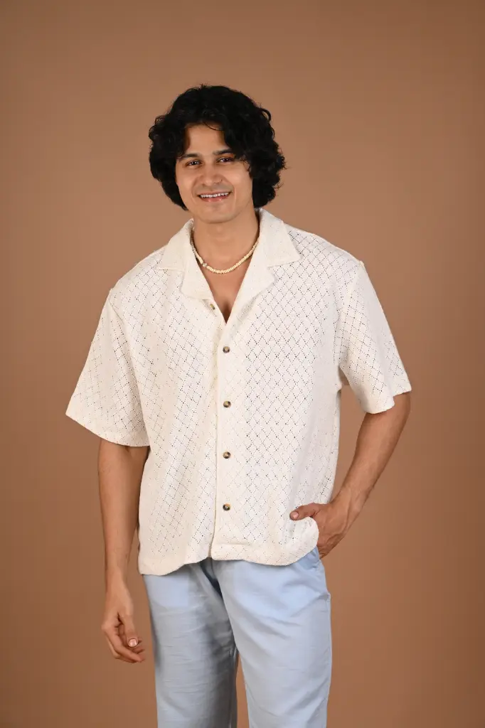 The Modern Crochet Premium Pointelle Resort Shirt- Bone White