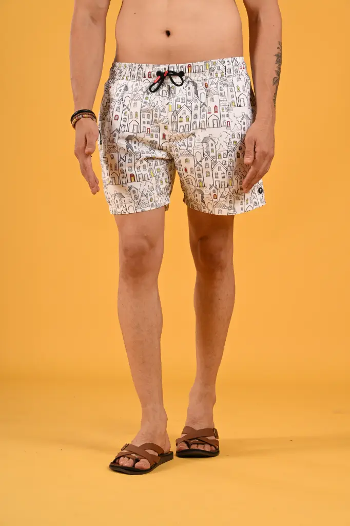 Illustrated Cityscape Swim Shorts