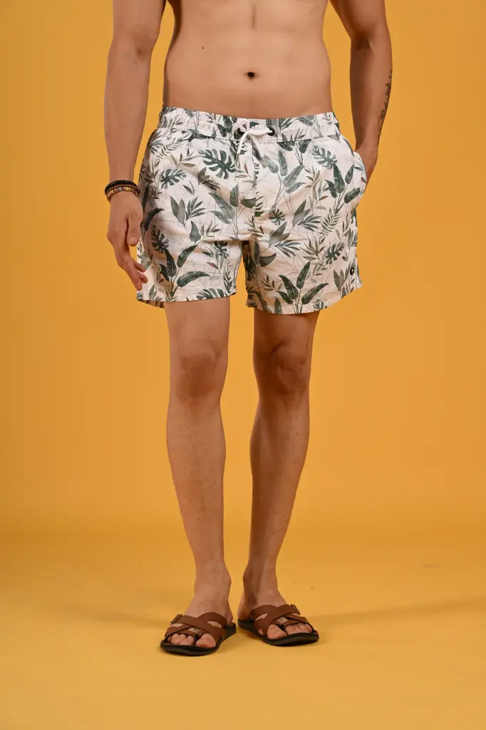 The Jungle Oasis Green Leaf-Print Swim Shorts