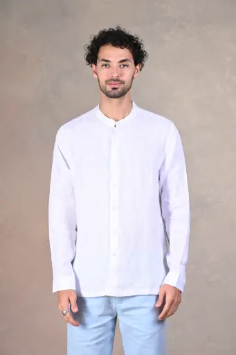 El Mandarin Classic Pure Linen Shirt- Brilliant White