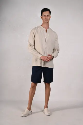 El Mandarin Classic Pure Linen Shirt- Feather Gray