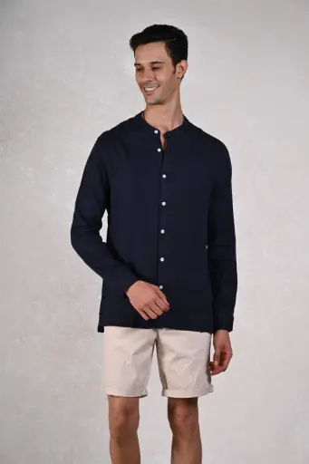 El Mandarin Classic Pure Linen Shirt- Pageant Blue