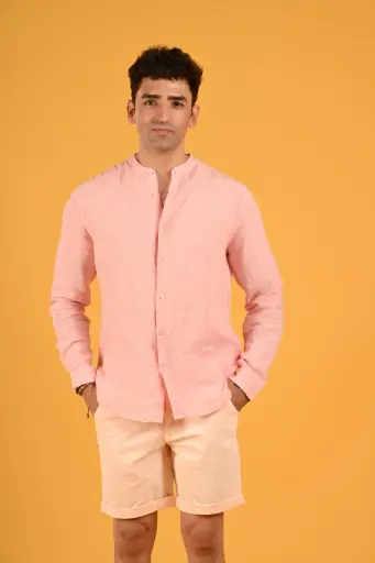 El Mandarin Classic Pure Linen Shirt-  Blushing Rose