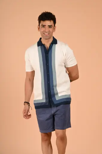 Retro Modern Triple-Blue Striped Knit Shirt