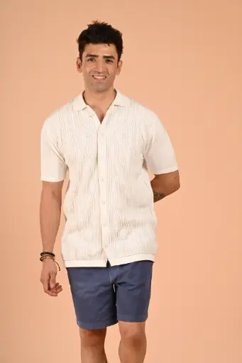 The Riviera Ripple: Cream Textured Knit Shirt