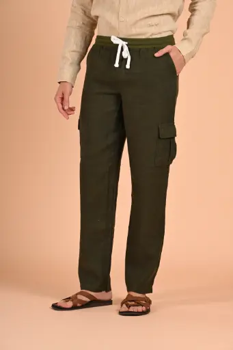 The Jungle Safari Linen Cargo Ribbed Pants-  Trekking Green